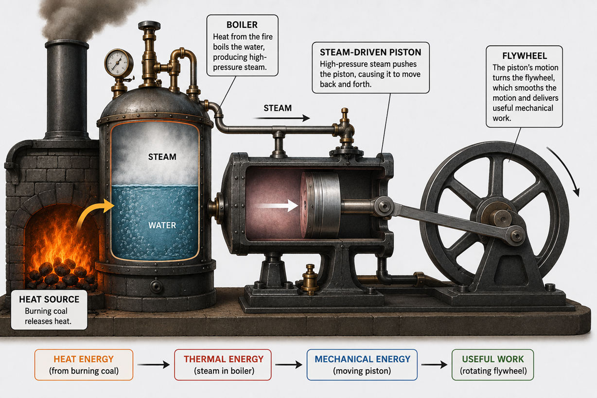 A depiction of a steam engine driving a flywheel